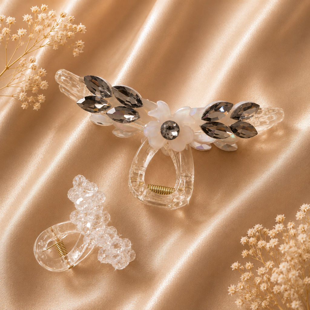 Crystal Claw Clip Combo – Clear Smoky Wing & Crystal Bubble Mini Clip Set of 2 | BlissMei