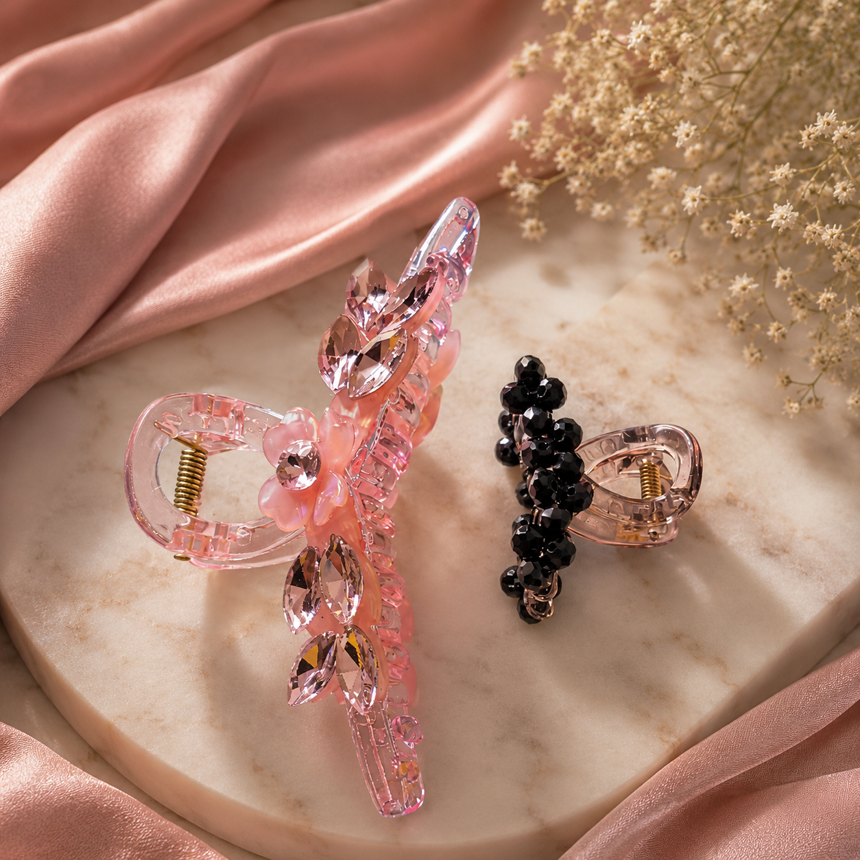 Crystal Claw Clip Combo – Pink Butterfly Wing & Black Jet Cluster Set of 2 | BlissMei