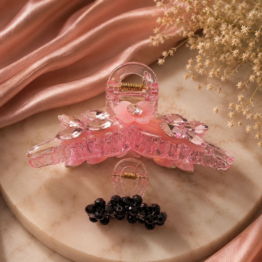 Crystal Claw Clip Combo – Pink Butterfly Wing & Black Jet Cluster Set of 2 | BlissMei