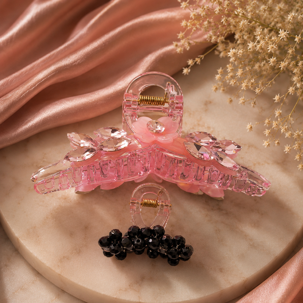Crystal Claw Clip Combo – Pink Butterfly Wing & Black Jet Cluster Set of 2 | BlissMei