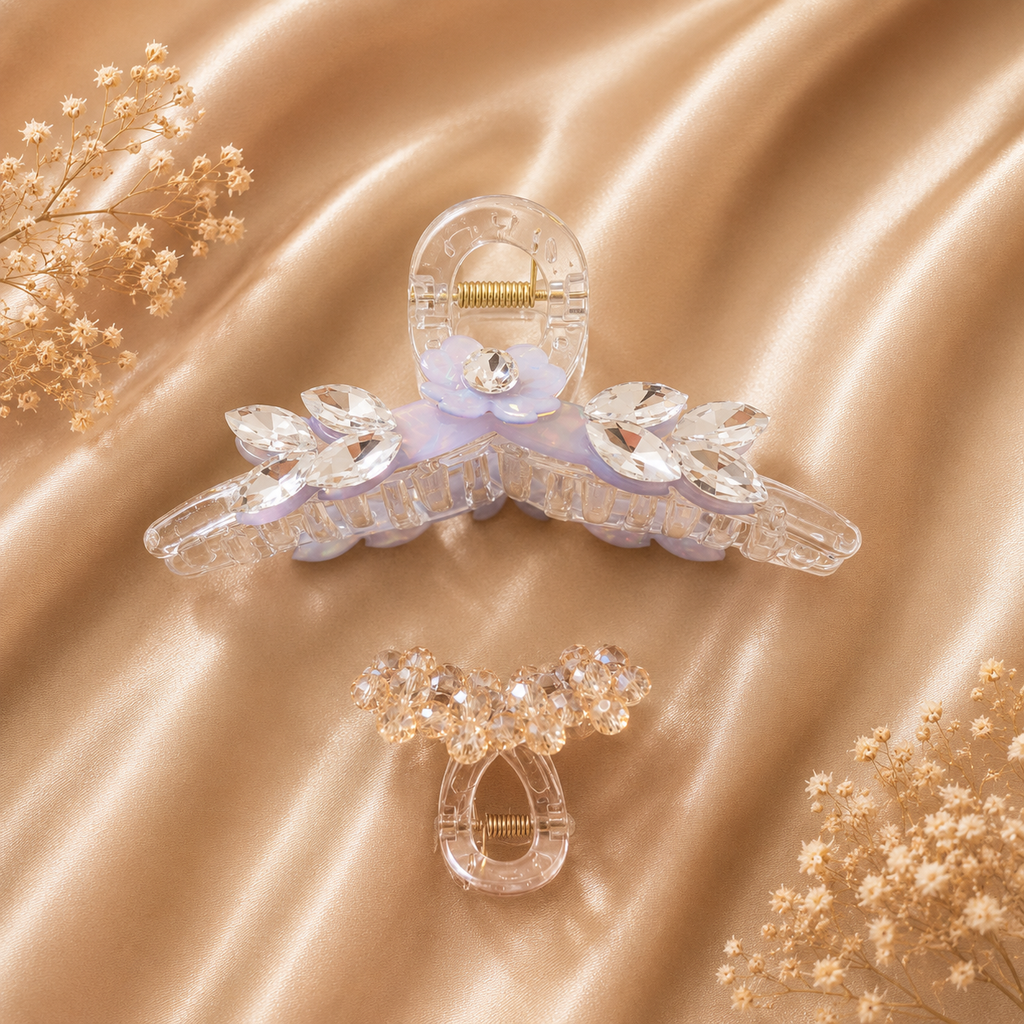 Crystal Claw Clip Combo – Diamond Wing & Champagne Gold Bow Mini Clip Set of 2 | BlissMei