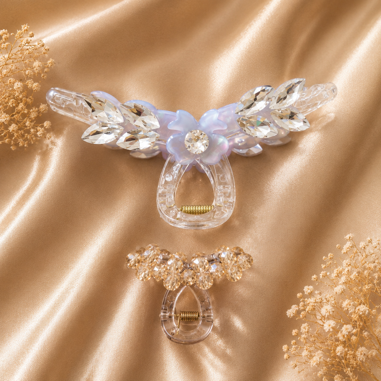 Crystal Claw Clip Combo – Diamond Wing & Champagne Gold Bow Mini Clip Set of 2 | BlissMei
